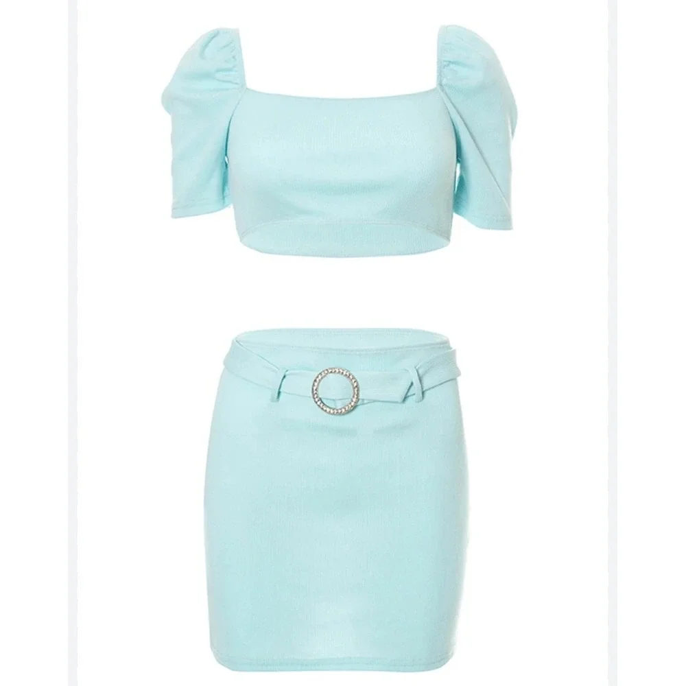 Fashion Nova Two Piece Ribbed Set Blue Turquoise Size Small Rare Jewel Skirt Set